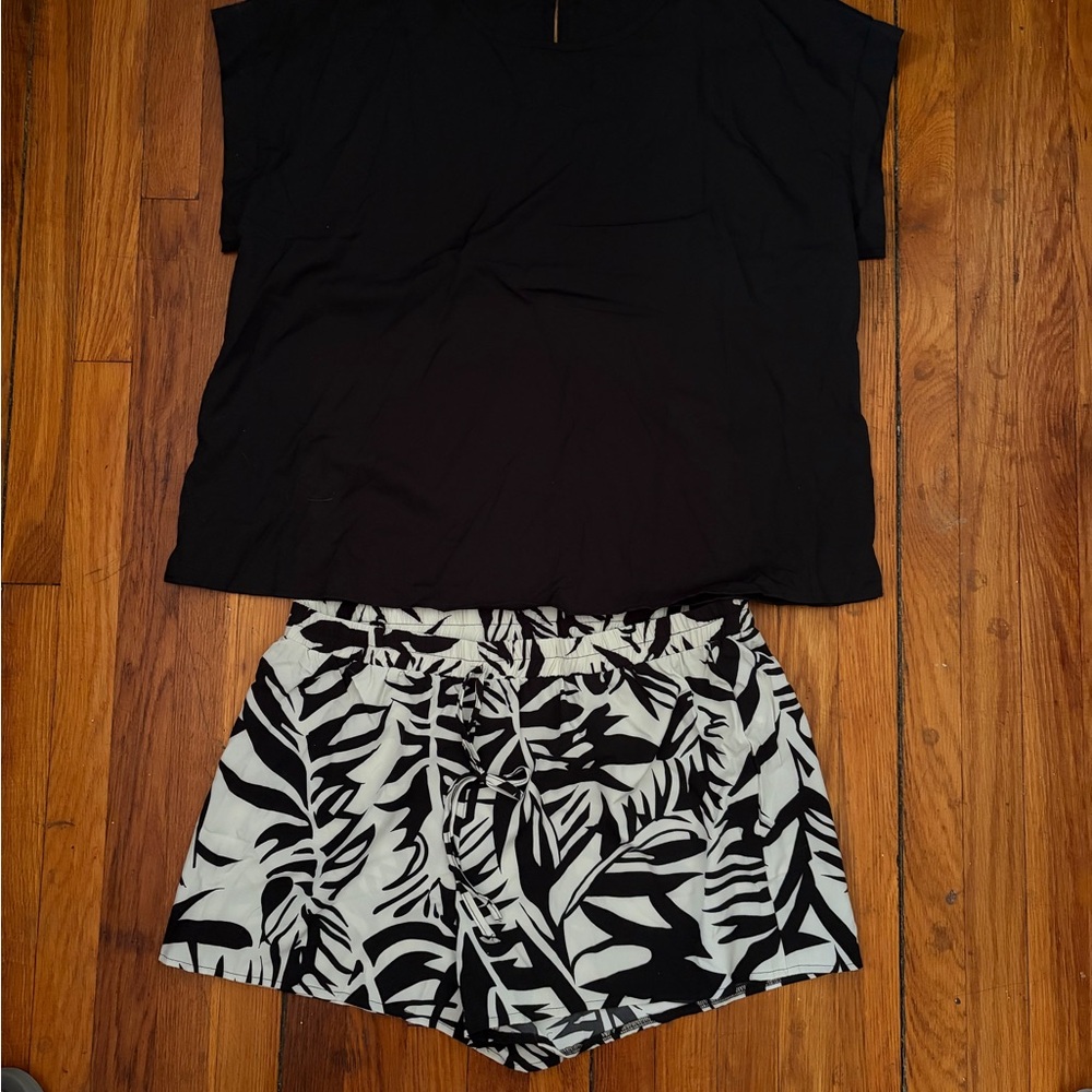SHEIN Black Top with Black and White Tropical Print Swim Shorts